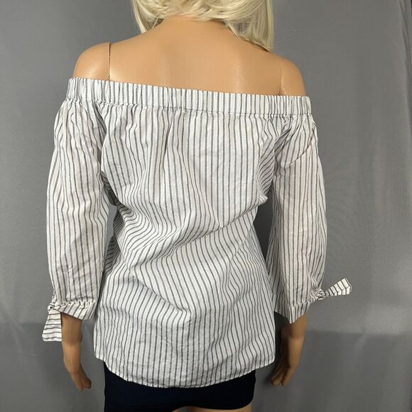 Per Se Womens Blouse Medium White Black Striped 3/4 Sleeve Off Shoulder Tunic - Picture 3 of 6